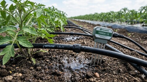 Sensor de humedad del suelo y riego por goteo en cultivo intensivo para optimizar la gestión del agua.jpg